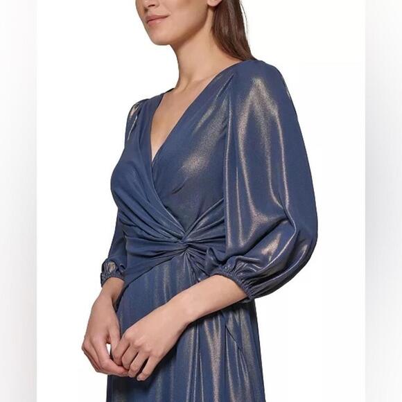 DKNY Iridescent Twisted Balloon-Sleeve evening Sleeve Dress -Denim Gold size 6 - Picture 4 of 12